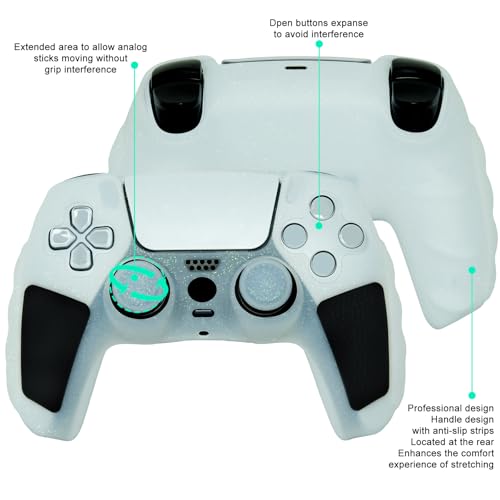 White Glitter Anti Slip Soft Thicked Studded Silicone Cover Skins Compatible with PS5 Controller,Include 8 PCS White Glitter Thumb Grips Glow and 2 Cat Paw Grips Accessories. - color: White Black
