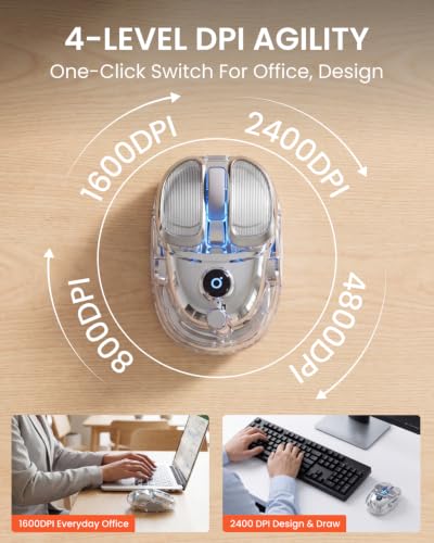 SEUNKWANG Q9 Transparent Wireless Mouse with RGB Lighting, Compact Multi-Device Bluetooth & 2.4G Computer Mouse, Rechargeable, Quiet Clicks, 4800 DPI Cute Mice for Laptop, PC, Mac, iPad - Silver - color: Silver