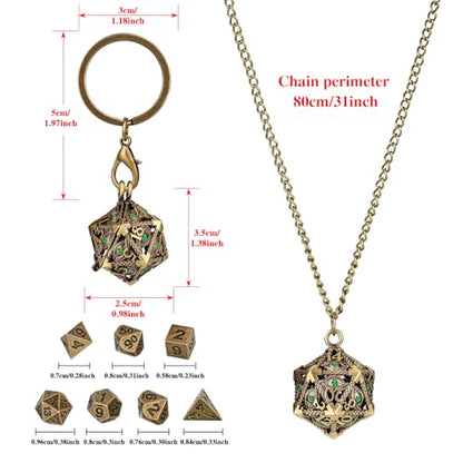 Mini DND Dice Set with Hollow D20 Metal Case Portable Keychain Necklace, Tiny 7pcs Polyhedral D&D Dice Set, DND Gifts with Gift Box, D&D Accessories for RPG（Green Diamond, Bronze） - color: Bronze