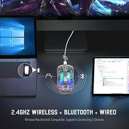 Wireless Gaming Mouse PC Transparent Shell Computer Mice with Dual mode BT5.0/2.4G,PixArt Chip 3D RGB Lighting,Ergonomic 7 Buttons,Rechargeable Mute Mouse for PC Laptop Tablet PS4 PS5 Xbox one - color: White