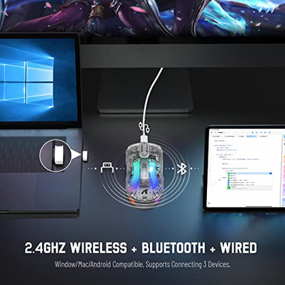 Wireless Gaming Mouse PC Transparent Shell Computer Mice with Dual mode BT5.0/2.4G,PixArt Chip 3D RGB Lighting,Ergonomic 7 Buttons,Rechargeable Mute Mouse for PC Laptop Tablet PS4 PS5 Xbox one - color: White