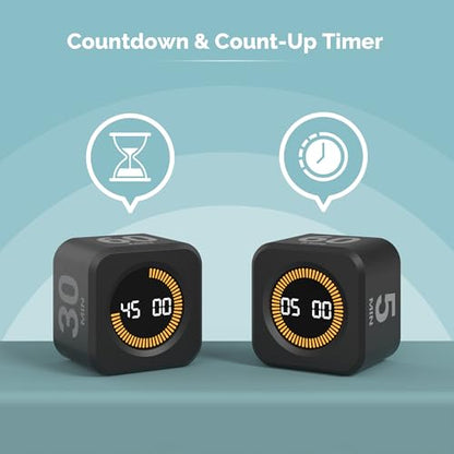 KADAMS Pomodoro Timer – Visual Cube with 5/10/30/60 Min Presets, LED Countdown Ring & Count Up Mode, Silent Flip Productivity Timer for Study, Classroom, Office, Cooking