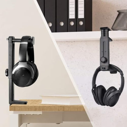 360 Degree Swivel Headphone Stand, 2-in-1 Clamp-on Gaming Headset Holder, Adjustable Under Desk Hanger with Cable Clip Organizer, Space-Saving PC Desktop Accessory, Universal Fit for All Headphones
