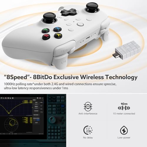 8Bitdo Ultimate 2 Wireless 2.4G Controller (White) | For Windows PC, Apple, Steam & Android, TMR Joystick, Star-Ring RGB Lights, Adjustable Trigger Locks, Charging Dock Included - color: White