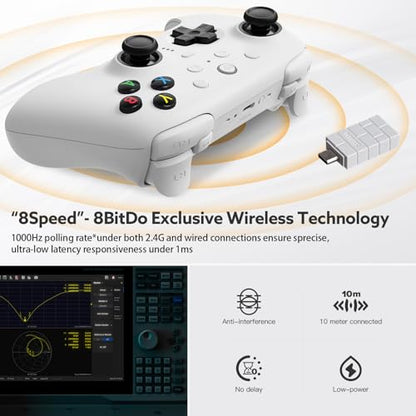 8Bitdo Ultimate 2 Wireless 2.4G Controller (White) | For Windows PC, Apple, Steam & Android, TMR Joystick, Star-Ring RGB Lights, Adjustable Trigger Locks, Charging Dock Included - color: White