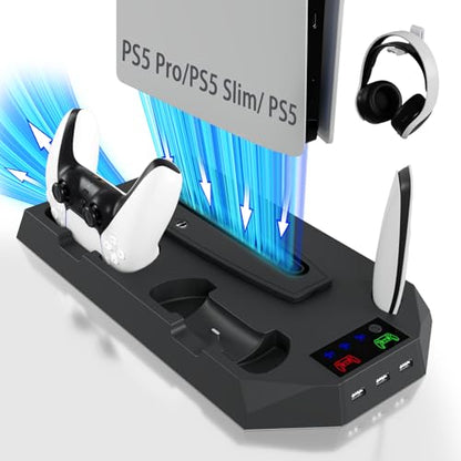 PS5/Slim/Pro Cooling Station for PlayStation 5 Console,PS5 Cooler Fan with Dual PS5 Controller Charger Incl. 3 Level Fans,Headset,3 USB Hubs,PS5/Slim/Pro Stand for PlayStation 5 Console Accessories - color: Black