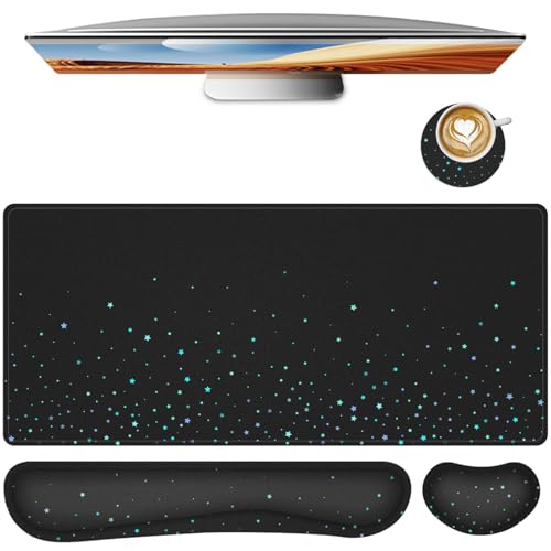 Desk Mat for Keyboard and Mouse,4in1 XXL Mousepad + Keyboard Wrist Rest+Mouse Wrist Rest+Coaster Set with Ergonomic Desk Pad for Home Office(Black Bluestar) - color: Black Bluestar