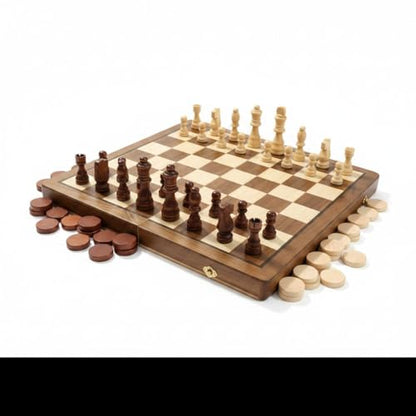 Wooden Magnetic Chess and Checkers Set, Folding Board with Storage Case, Classic 2-in-1 Strategy Board Game 15inches*15 inches