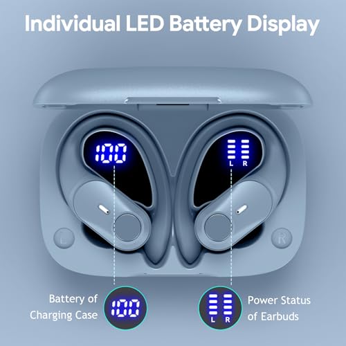 Active Noise Cancelling Ear Buds Wireless Earbuds 80H Playtime Bluetooth Headphones with LED Display Case, Hi-Res Audio Clear Calls Earphones with Over Ear Hooks for Running Gym Workout Sierra Blue - color: Sierra Blue