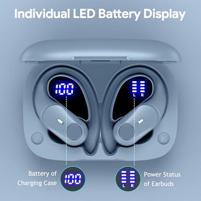 Active Noise Cancelling Ear Buds Wireless Earbuds 80H Playtime Bluetooth Headphones with LED Display Case, Hi-Res Audio Clear Calls Earphones with Over Ear Hooks for Running Gym Workout Sierra Blue - color: Sierra Blue