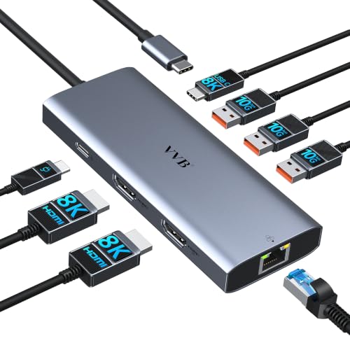 Laptop Docking Station 3 Monitors USB C to USB C Hub Dual Monitor Adapter | USB C Docking Station USBC Splitter with 8K USB C Video Output HDMI,100W PD Charging,10Gbps Data,Ethernet for Dell HP Lenovo - color: Medium Gray