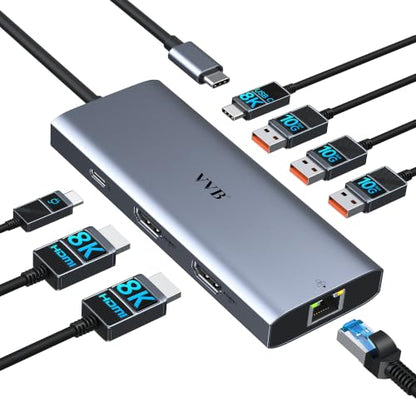 Laptop Docking Station 3 Monitors USB C to USB C Hub Dual Monitor Adapter | USB C Docking Station USBC Splitter with 8K USB C Video Output HDMI,100W PD Charging,10Gbps Data,Ethernet for Dell HP Lenovo - color: Medium Gray