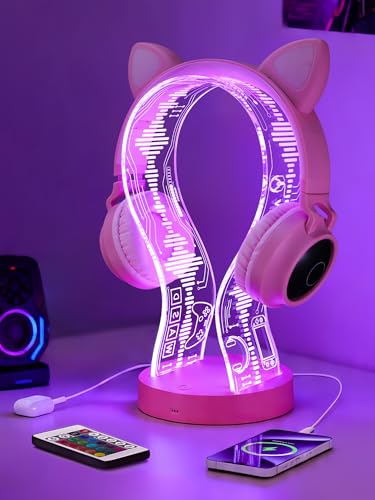 CoolGift Mart Light Up Headphone Stand with 16 Color Lights, Game Pattern Acrylic Headset Stand with 1 USB and 1 Type-C Charging Ports, Gifts for Girls Women Gamers and Music Lovers - color: Pink