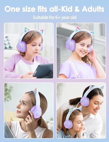Cat Ear Bluetooth Headphones with Micphone for Kids & Adults, LED Light Up Wireless HI-FI Sound Quality, Over-Ear Headphones with Volume Control for iPhone/iPad/Laptop/PC(55H Play Time) - style: Adults-105dB-Purple