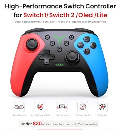 Wireless Switch Controller for Nintendo Switch/Switch 2/Lite/OLED Controller, Switch Controller with a Mouse Touch Feeling on Back Buttons, Extra Switch Pro Controller with Wake-up,Programmable, Turbo Function - color: Red+Blue
