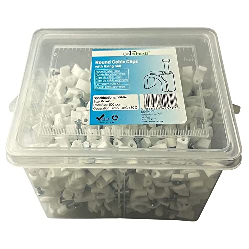 On1shelf White Round Cable Clips K-Type Trade Box, (8mm / 0.31") - 500 Pieces