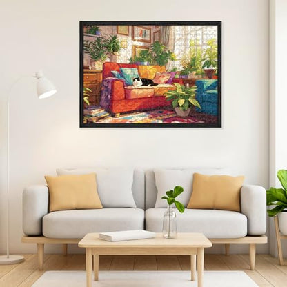 500 Piece Puzzles for Adults, Cozy Sunlit Room Jigsaw Puzzles with Lush Greenery, Relaxing 500 piece Puzzle, Perfect for Family Time, Home Wall Decor, Great Gift for Adults, Seniors,16+, 20.5 x 15 in - style: Cat’s Lazy Day