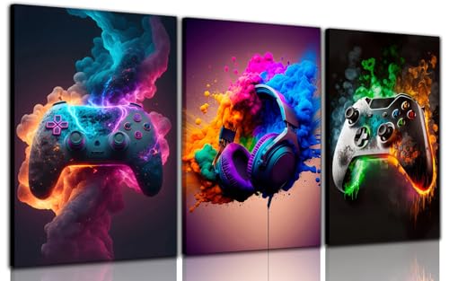 BGFCE Gaming Room Decor Canvas Wall Art Set of 3 - Cool Video Gaming Theme Wall Decor, Gamer Paintings Picture Print for Teen Boys Room 12x16 inch Framed - color: Colorful Splash Game Canvas, size: 16L" x 12W"