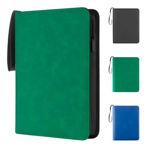 Prilino Ringless Trading Card Binder, 9 Pocket, 432 Storage Capacity, Green | Premium Double-Sided PU Leather & Side Load Design, Smooth Page Turning, Tight Zip Closure, Conveniently Fits Sleeved Cards - color: Green