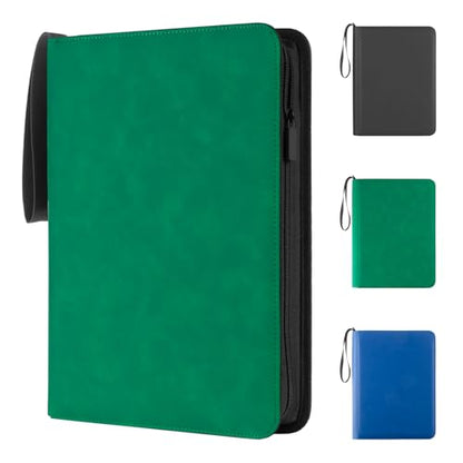 Prilino Ringless Trading Card Binder, 9 Pocket, 432 Storage Capacity, Green | Premium Double-Sided PU Leather & Side Load Design, Smooth Page Turning, Tight Zip Closure, Conveniently Fits Sleeved Cards - color: Green