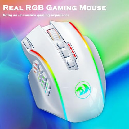 Redragon Wireless Gaming Mouse, MMO Gaming Mouse UP 16,000 DPI, 16 Macro Programmable Buttons, RGB Rechargeable Mouse with 12 Side Buttons, 70Hrs for PC Laptop MOBA FPS, White,M901P-WS - color: white