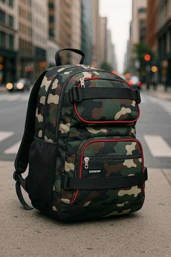 Eastsport Travel Skateboard Backpack Double Strap Laptop Bag Multi-Sport Design for Men and Women, Black Green Camo Red Trim - color: Black/Hunter Green Camo/Poppy Red Trim
