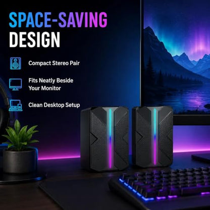 USB Computer Speakers with RGB Light, Compact Stereo Desktop Audio | Clear stereo sound with enhanced bass feel for music, movies, videos, meetings, and casual gaming.