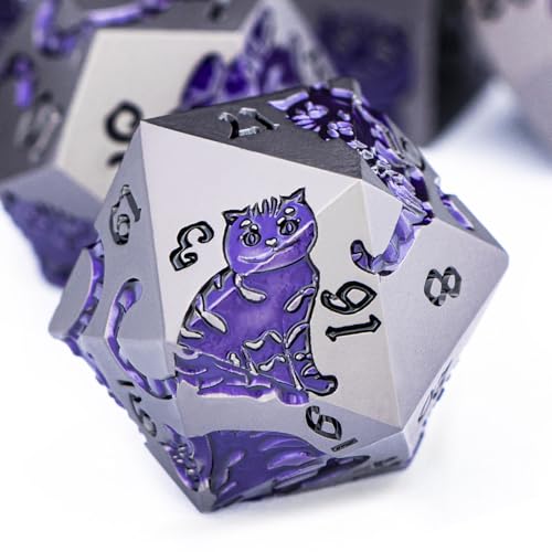 Metal DND Cat Dice 7PCS Polyhedral RPG Dice Set with Gift Case for Dungeons Dragons Role Playing Game, D and D Dice D6 D8 D10 D12 D20 D% (Grey Purple) - color: Cat-grey Purple