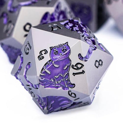 Metal DND Cat Dice 7PCS Polyhedral RPG Dice Set with Gift Case for Dungeons Dragons Role Playing Game, D and D Dice D6 D8 D10 D12 D20 D% (Grey Purple) - color: Cat-grey Purple