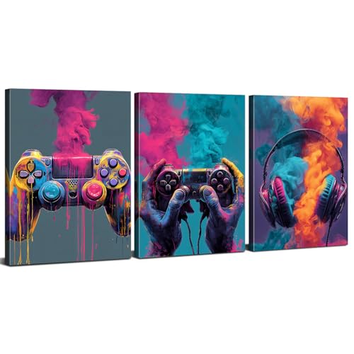 Gaming Posters Canvas Wall Art Gamer Room Decor for Boys Set of 3 Watercolor Video Game Picture Colorful Abstract Games Controller Gamepad Artwork for Children Youth Boy Bedroom Decoration 16x24"x3P - color: Gaming03, size: 16x24 Inch