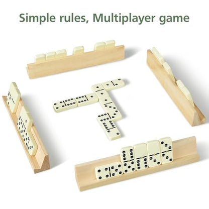 Dominos Set for Adults with 4 Wooden Racks,Double 6 Dominoes Set with Portable Case, 28 Standard Domino Tiles for Family Board Games