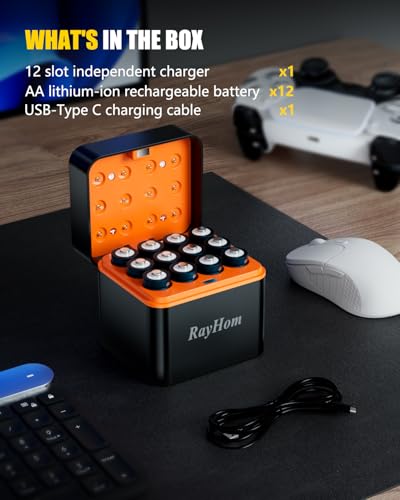 12 Pack 3400mWh Rechargeable Lithium aa Batteries with 12 Solt Charger | 1.5V Constant Output, High Capacity, with Double A Li-ion Charger Smart Charging, Multiple Charging Protections - color: 12AA+Charger