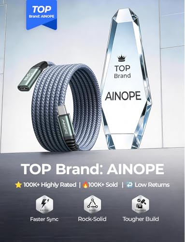 AINOPE USB C Extension Cable 6.6FT/20Gbps/240W/4K@60Hz USBC Extension Cable | 20Gbps/240W Fast Charging & Sync 4K@60Hz USB 3.2 Male to Female Cable for PSVR2, Hub, MacBook, Magsafe Charger, iPhone - color: Grey, size: 6.6FT