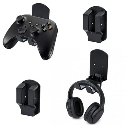 4 Pack Wall Mount Headphone Holder with Foldable Controller Hanger, Metal Gaming Headset Hook for Desk Side or Wall, Space Saving Gamepad Organizer for Home Setup