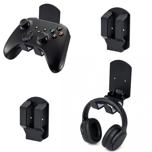 4 Pack Wall Mount Headphone Holder with Foldable Controller Hanger, Metal Gaming Headset Hook for Desk Side or Wall, Space Saving Gamepad Organizer for Home Setup