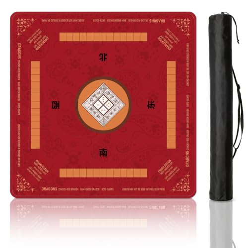 Red Mahjong Mat for Table with Rules, 31.5" x 31.5" Noise Reduction Non Slip Waterproof Mah Jong Table Mat with Carrying Bag, Suitable for Mahjong, Poker, Board Games, Dominoes, and Card Games - color: Red