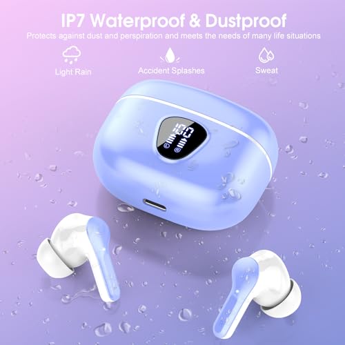 Wireless Earbuds, Bluetooth 5.4 Headphones HiFi Stereo, Bluetooth Earbuds with ENC Noise Cancelling Mic, IP7 Waterproof in Ear Earphones, 48H, LED Display Ear buds for Pad Workout Sports, White Purple - color: White Purple