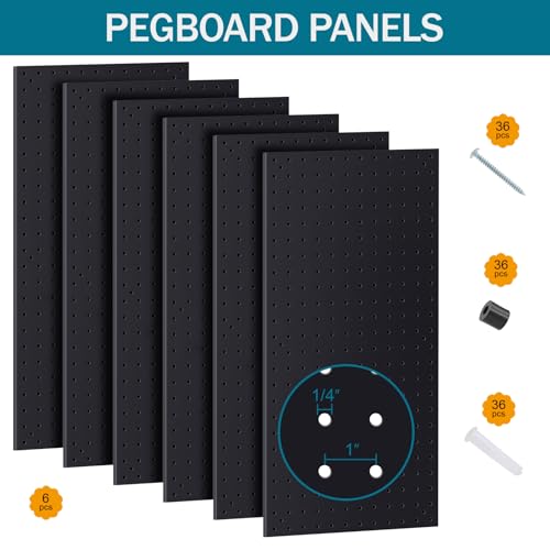 Metal Peg Board Kit with 1/4" Pegboard Accessories, 6 Pack 12"X24" Pegboard and 264PCS Extra Thick Pegboard Accessories,Wall Organizer Peg Board Panels Tool Organizer Storage System (Black)