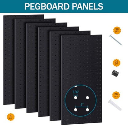 Metal Peg Board Kit with 1/4" Pegboard Accessories, 6 Pack 12"X24" Pegboard and 264PCS Extra Thick Pegboard Accessories,Wall Organizer Peg Board Panels Tool Organizer Storage System (Black)