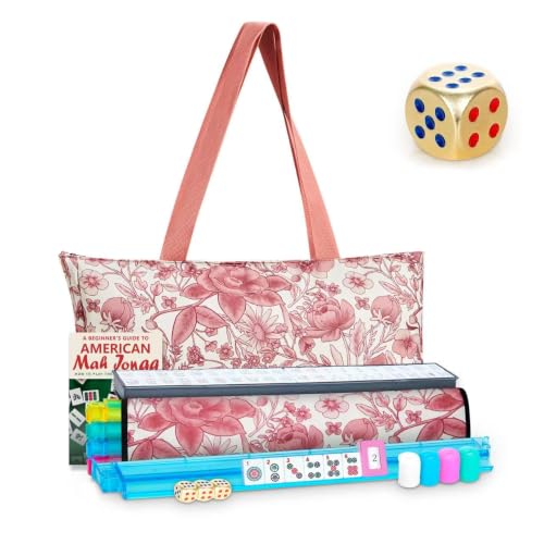 American Mahjong Set, 166 Premium Scratch-Resistant Tiles with 4 Upgraded Rack Pushers & Dice, Portable Soft Carry Case, Complete Traditional Mah Jongg Game Set for Family Party, Travel & Gift - color: Pink Flower