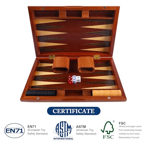 Offelec Wooden Backgammon Set for Kids, 13 Inches Backgammon Board Game Set with 32 Backgammon Pieces, 5 Dice & 2 Cups - Classic Strategy Game for Kids Adults and Family - color: 13 Inch Family Backgammon