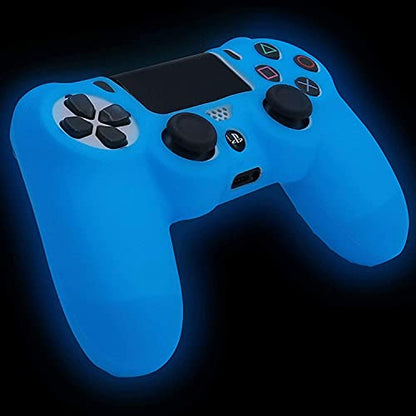 Blue Controller Skin Silicone Grip Glow in Dark Protective Case Compatible with PS4/Slim/Pro Controller with 8 Glow in The Dark Thumb Grips Caps + 2 Cute Cat Paw Thumb Grips Caps. - color: Glow Blue