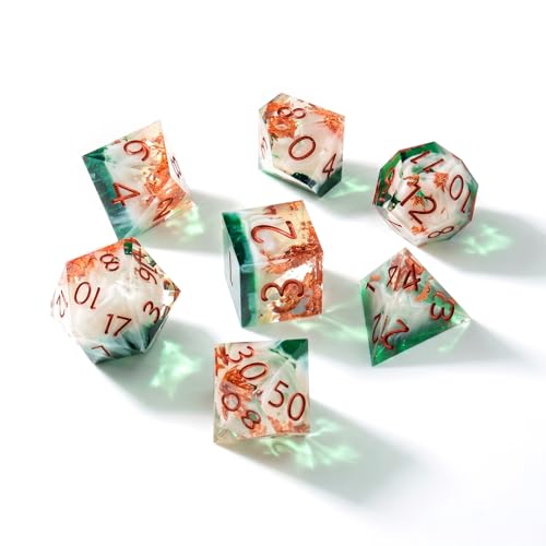 Haxtec Forest Landscape DND Dice Set Sharp Edge Resin Polyhedral Dice, Nature D&D Dice with Metal Case, Handmade Gold Flake Inside Dice Set for Dungeons and Dragons TTRPG, Green White Copper DND Gift - color: Green White