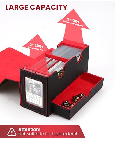 MRAUF MTG Deck Box with Double Commander Display and Dice Tray, Fits 200+ Double Sleeved Cards, Card Storage Box Plus 2 Magnetic Holders& 100Pcs Card Sleeves (Black& Red) - color: Black& Red