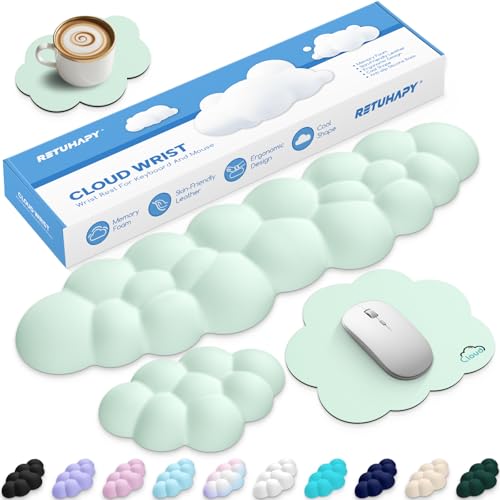Cloud Wrist Rest Keyboard Cushion and Cloud Mouse Pad, Light Green | 4-in-1 Ergonomic Cloud Keyboard Wrist Rest Set, Memory Foam, Arm Support for Palm, Cute Desk Accessory for PC Gaming Setup - color: 06 Light Green, size: Tenkeyless