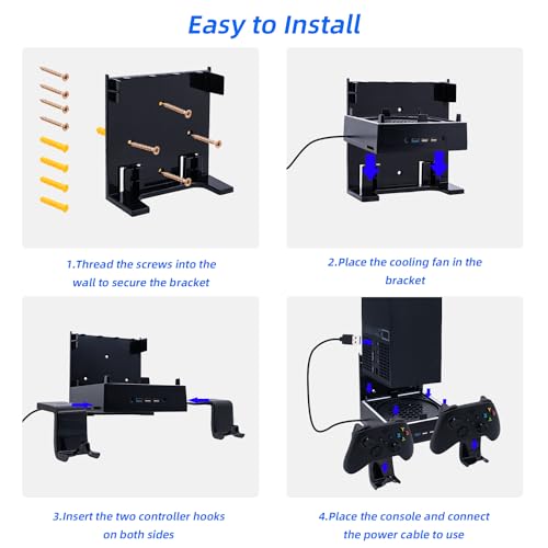 Mcbazel Wall Mount with Cooling Fan for Xbox Series X, Xbox Series X 4 in 1 Wall Mount Kit, 3-Speed Low Noise Fan with RGB Light & 3 USB Ports, Controller & Headset Holder - Black