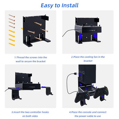 Mcbazel Wall Mount with Cooling Fan for Xbox Series X, Xbox Series X 4 in 1 Wall Mount Kit, 3-Speed Low Noise Fan with RGB Light & 3 USB Ports, Controller & Headset Holder - Black