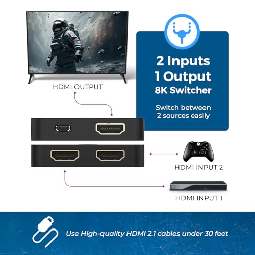 OREI 8K 2-Port HDMI 2.1 Switch, 8K@60Hz, 4K@120Hz, Auto and Manual Switch | hdmi switch 2 in 1 out, hdmi 2.1 switch 4k 120hz, 48Gbps, HDR10, Dolby Vision, PS5/Xbox, IR Remote - color: Jet Black