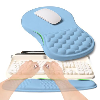 2-in-1 Ergonomic Set, Wave Rise Keyboard Wrist Rest and Massage Bulge Slope Mouse Pad Wrist Support, Cushion Memory Foam Integrated to Relieve Wrist Pain, Lake Blue - color: Lake Blue