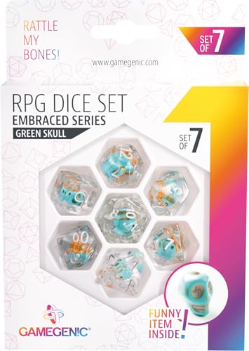 Gamegenic Embraced Series RPG Dice Set | Set of 7 Dice in a Variety of Sizes Designed for Roleplaying Games | Premium Quality Resin Dice with Unique Thematic Green Skull Design | Made by Gamegenic